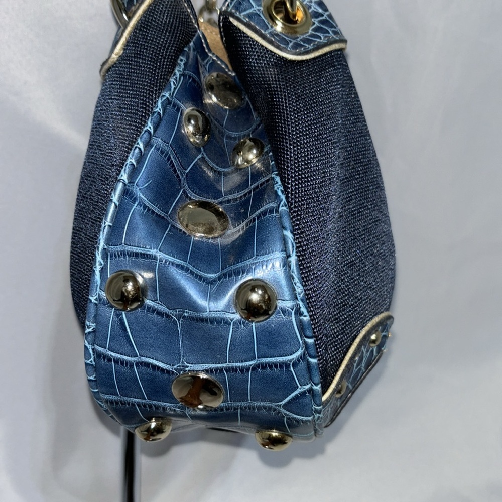 Kathy Van Zeeland Navy Canvas Faux Croc Double Strap Satchel Shoulder Bag Y2K - Picture 2 of 15